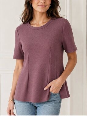 Ann Taylor Mauve Short-Sleeve Textured Peplum Top